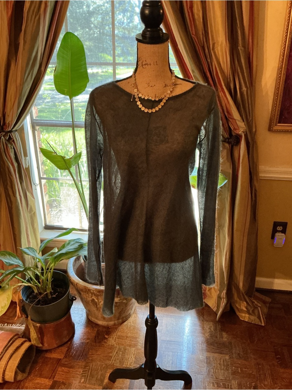 Women's Sheer Long-Sleeve Layering Top — Charcoal Gray